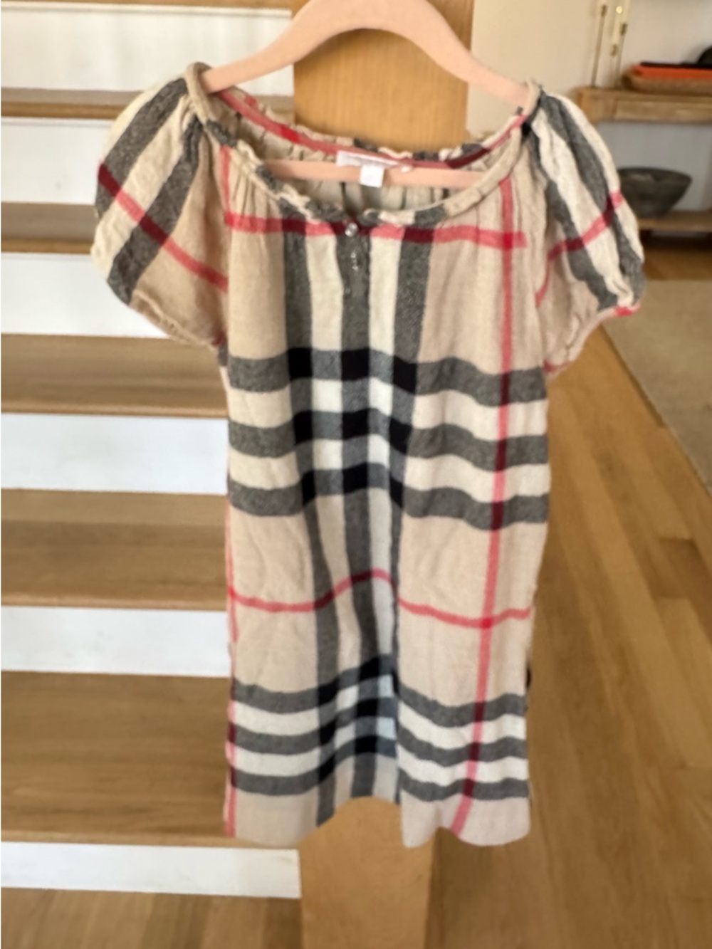 Burberry Girls Dress Size 10Y Beige Black Red Print Short Sleeve Lined